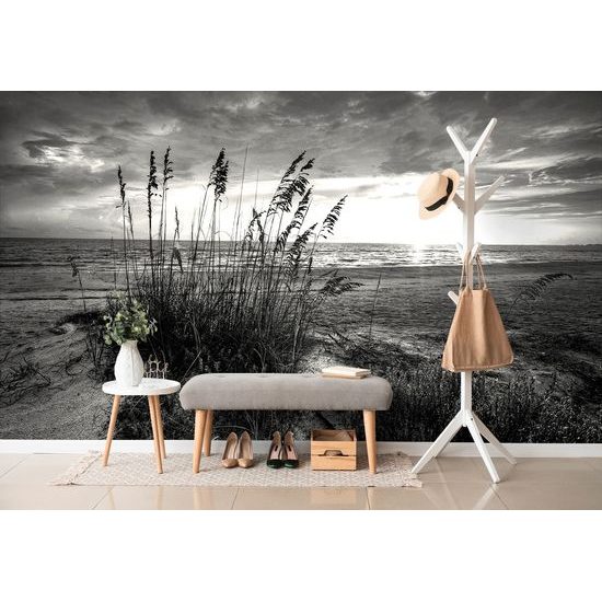 Originálna čiernobiela samolepiaca fototapeta západ slnka z pláže