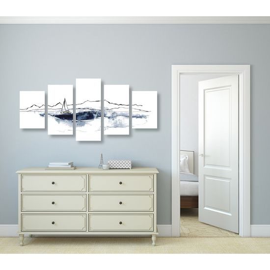 5-dielny obraz osamelá jachta