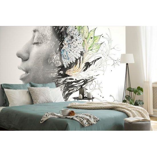 Samolepiaca tapeta profil ženskej tváre s kvetmi