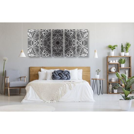 5-dielny obraz nádherná Mandala v čiernobielom prevedení