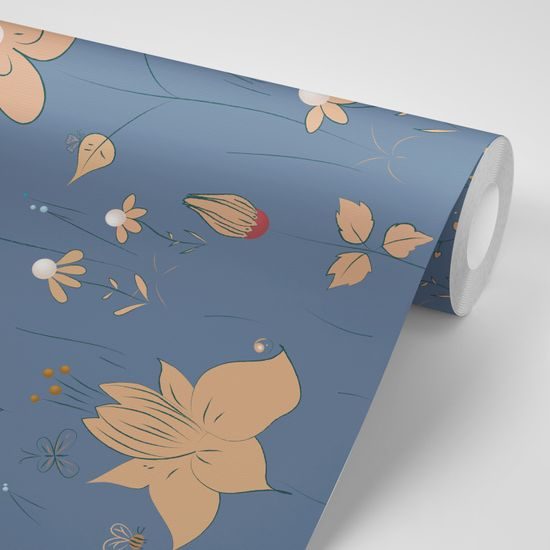 Samolepiaca tapeta maľované kvety v modrom prevedení