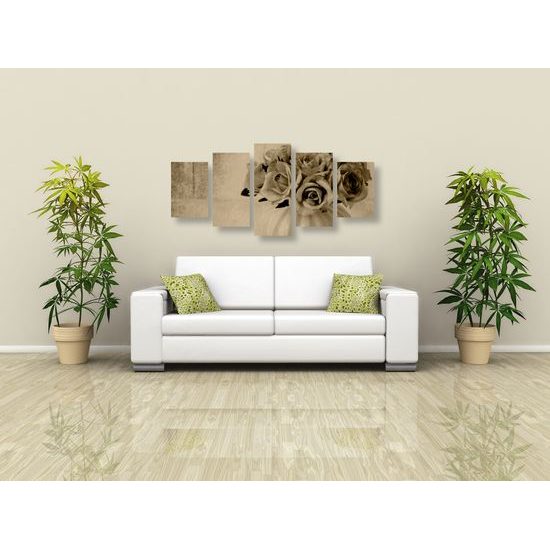 5-dielny obraz malé ružičky v sépiovom prevedení