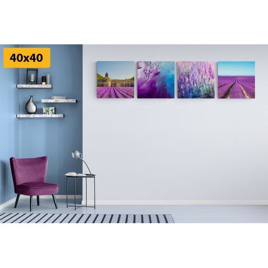 Set obrazov levanduľové polia s fialovou abstrakciou