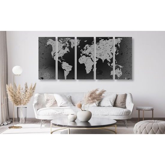 5-dielny obraz vintage mapa v čiernobielom prevedení