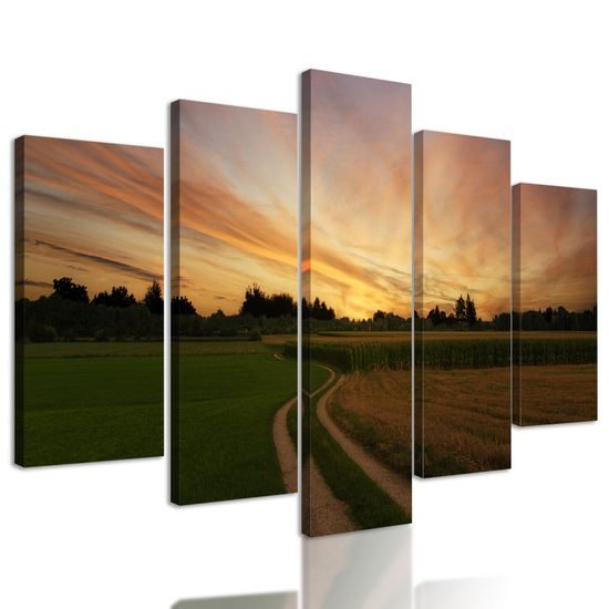 5-dielny obraz zapadajúce slnko nad krajinou