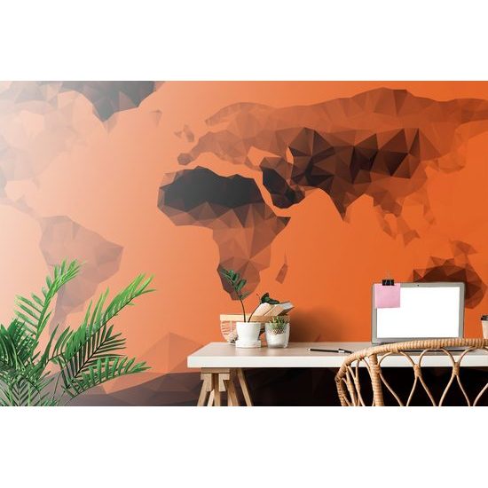 Samolepiaca tapeta mapa sveta tvorená mnohouholníkmi v oranžovom prevedení