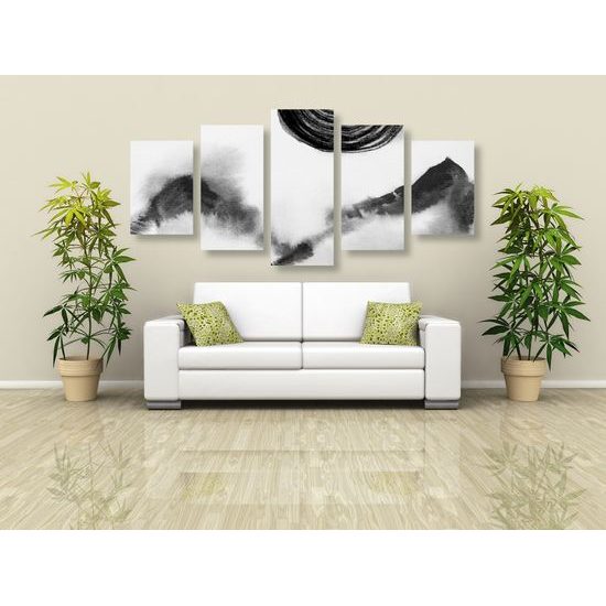 5-dielny obraz japonská abstrakcia hôr v čiernobielom prevedení