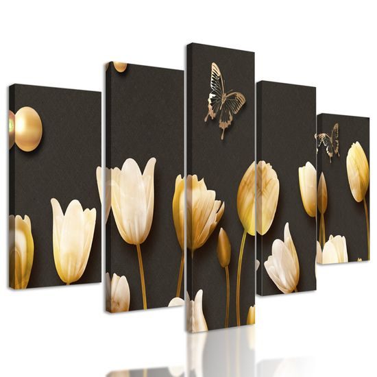 5-dielny obraz zlaté tulipaný v elegantnom prevedení