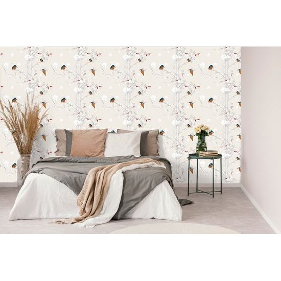 Samolepiaca tapeta vtáčiky v šípkových kríkoch na béžovom pozadí