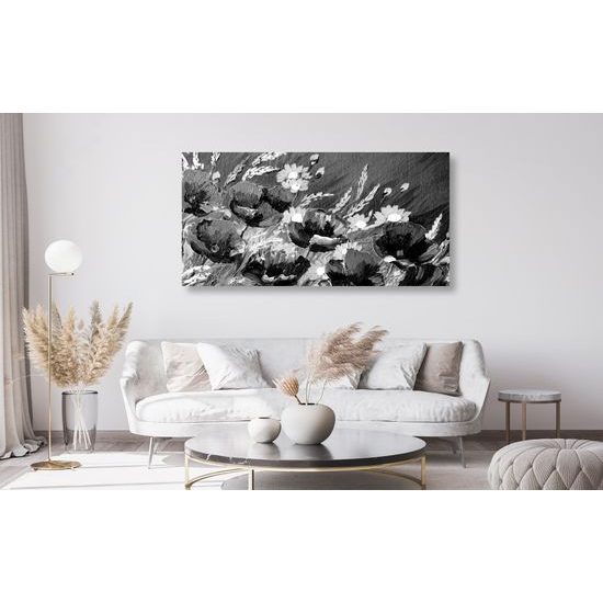 Obraz maľované maky na lúke v čiernobielom prevedení