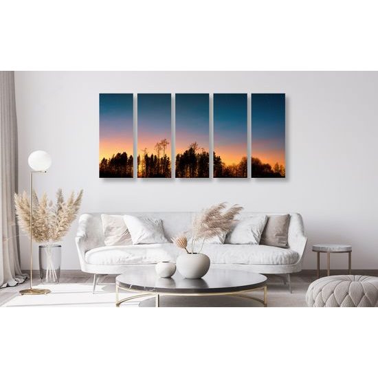 5-dielny obraz les pri západe slnka