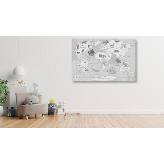 Obraz na korku čiernobiela kreslená mapa sveta s zvieratami