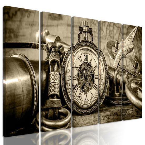 5-dielny obraz historické luxusné hodinky v sépiovom prevedení