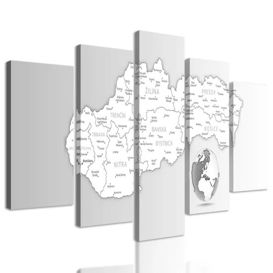 5-dielny obraz podrobná mapa Slovenska v čiernobielom prevedení