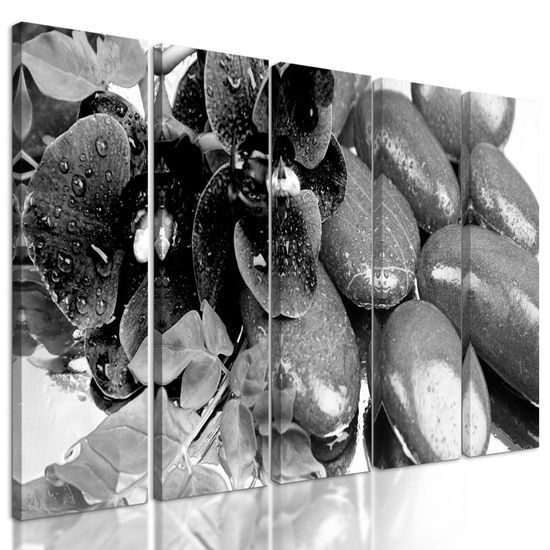 5-dielny obraz wellness zátišie a kvet orchidey v čiernobielom prevedení