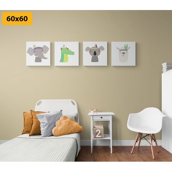 Set obrazov zvierací kamaráti s indiánskymi čelenkami