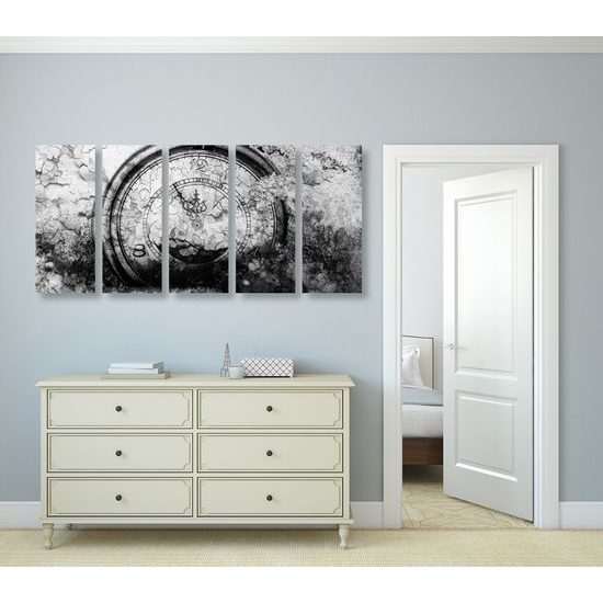 5-dielny obraz historické stopky v čiernobielom prevedení