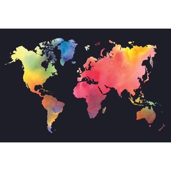 Samolepiaca tapeta akvarelová mapa sveta na čiernom pozadí