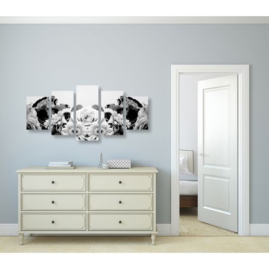 5-dielny obraz pôvabná kvetinová kompozícia v čiernobielom prevedení