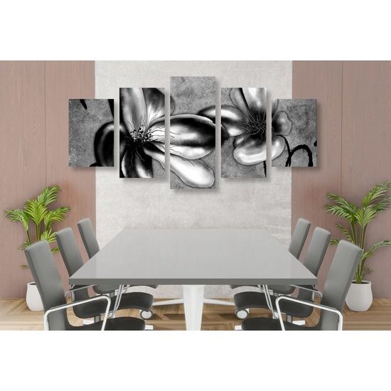 5-dielny obraz čiernobiele umelecké kvety vo vintage prevedení