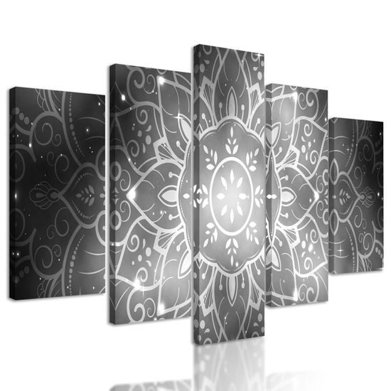 5-dielny obraz Mandala s vesmírnym pozadím v čiernobielom prevedení