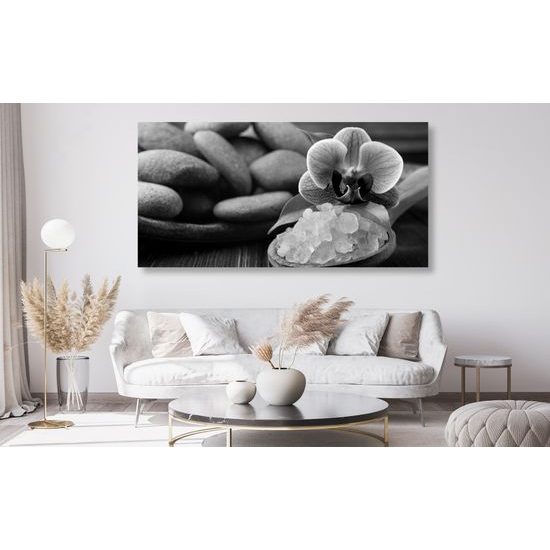 Obraz wellness zátišie s morskou soľou v čiernobielom prevedení