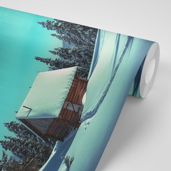 Samolepiaca tapeta chalúpka v zasnežených horách