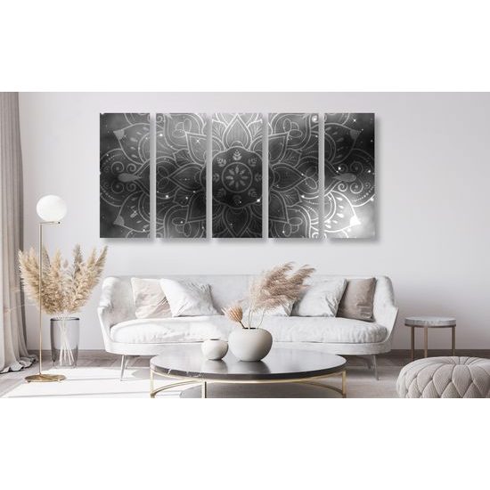 5-dielny obraz Mandala s vesmírnym pozadím v čiernobielom prevedení