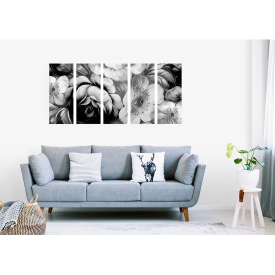 5-dielny obraz abstraktná maľba kvetín v čiernobielom prevedení
