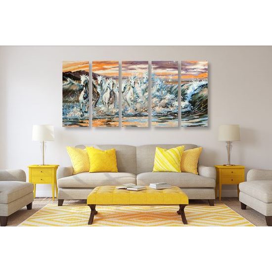 5-dielny obraz kone brodiace sa vo vode