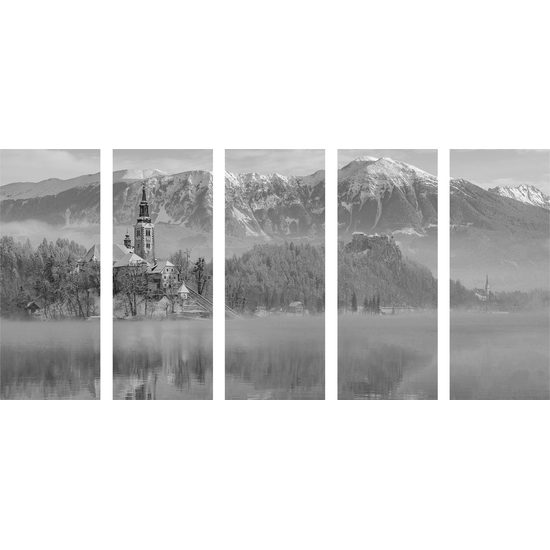 5-dielny obraz kostol na skale v čiernobielom prevedení