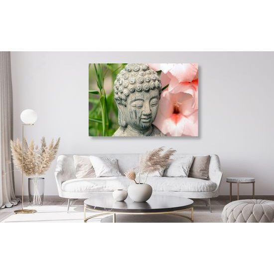 Obraz socha Budhu v kvetinovej záhrade
