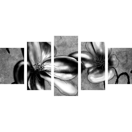 5-dielny obraz čiernobiele umelecké kvety vo vintage prevedení