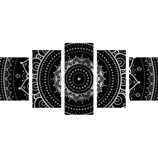 5-dielny obraz magická Mandala v čiernobielom prevedení