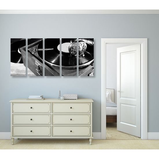 5-dielny obraz krása vinylovej platne v čiernobielom prevedení