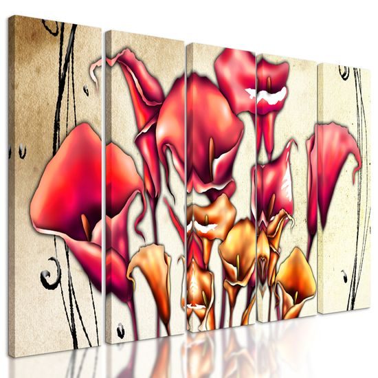 5-dielny obraz nevšedné kvety v abstraktnom prevedení