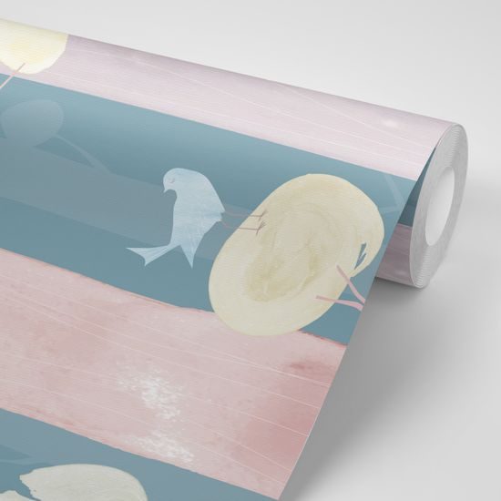 Tapeta vtáčiky na konároch na modrom pozadí