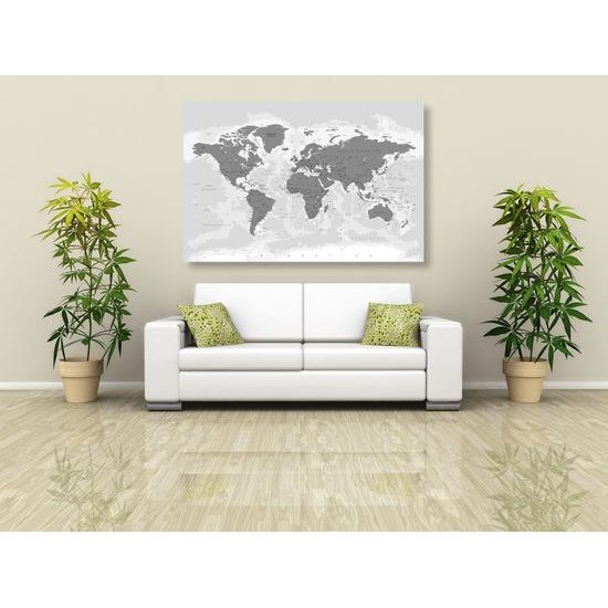 Obraz mapa sveta v nežnom čiernobielom prevedení