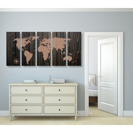 5-dielny obraz mapa sveta na dreve v luxusnom prevedení