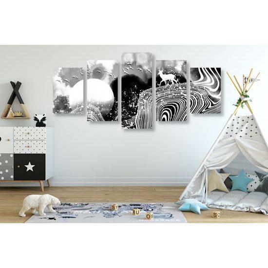5-dielny obraz abstrakcia prírody v čiernobielom prevedení