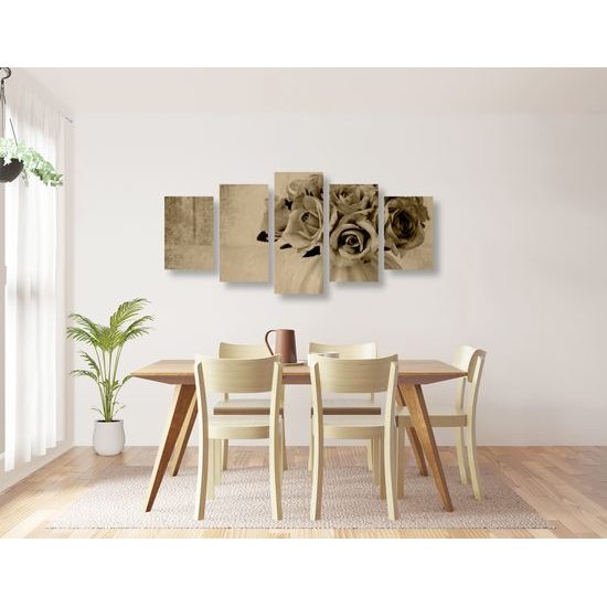 5-dielny obraz malé ružičky v sépiovom prevedení