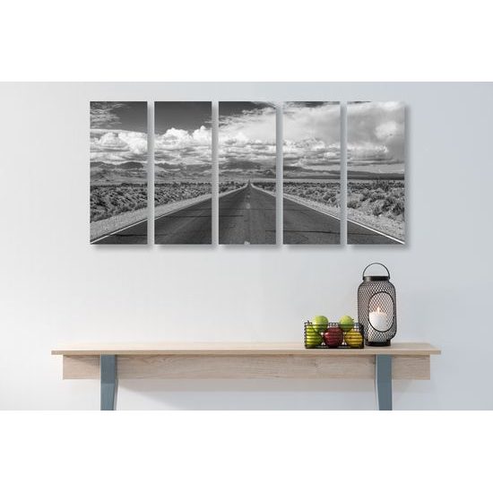 5-dielny obraz cesta pušťou v čiernobielom prevedení