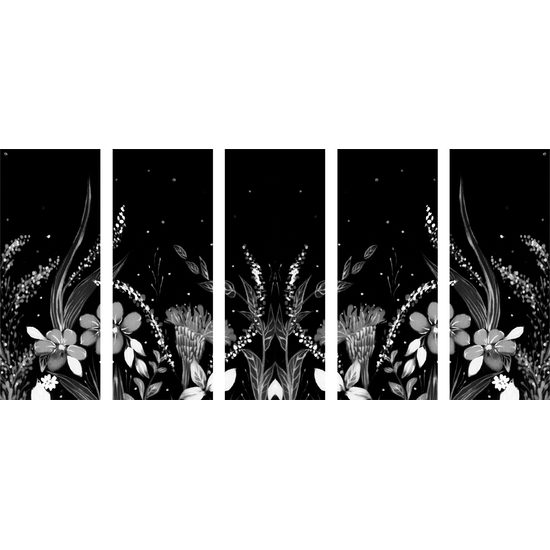 5-dielny obraz lúka plná kvetov v čiernobielom prevedení