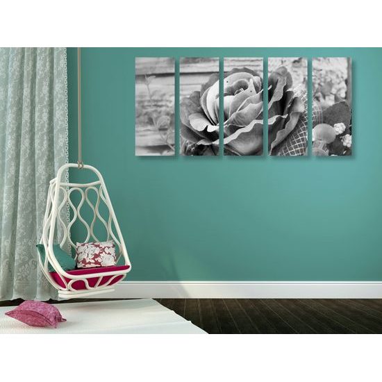 5-dielny obraz nádherná ružová ruža v čiernobielom prevedení