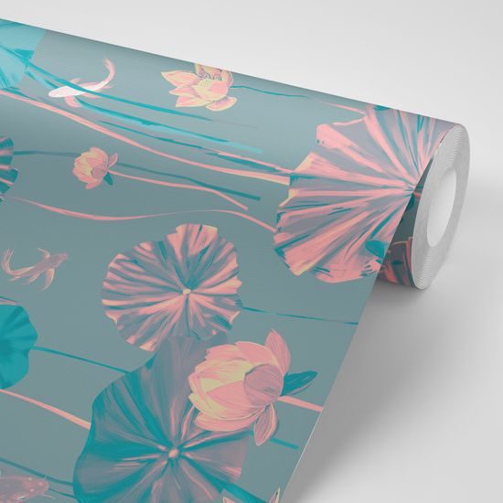 Tapeta japonské kapre medzi leknami v tmavom prevedení