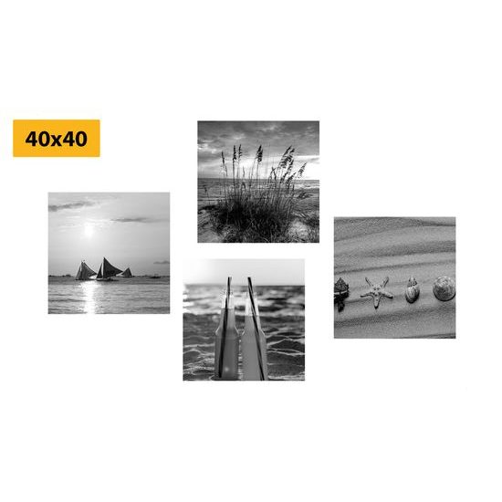 Set obrazov piesočná pláž v čiernobielom prevedení