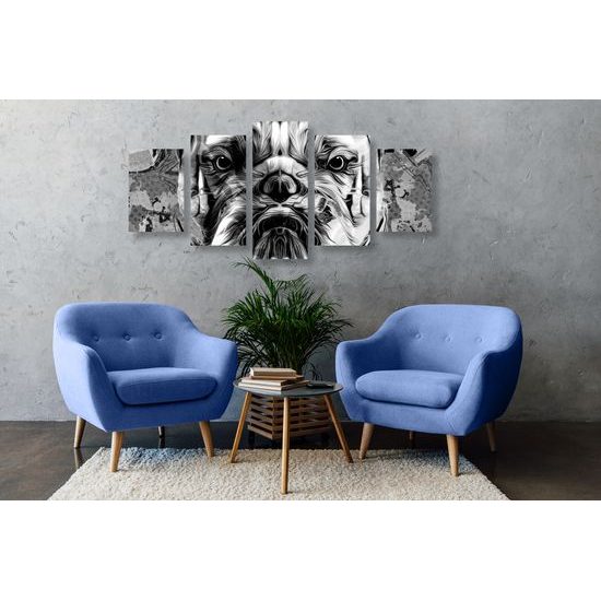 5-dielny obraz nahnevaný buldoček v čiernobielom prevedení