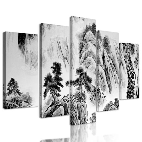 5-dielny obraz maľba činskej prírody v čiernobielom prevedení