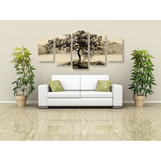 5-dielny obraz samotná čerešňa v sépiovom prevedení