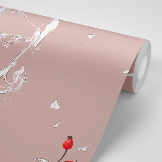 Tapeta vtáčiky v šípkových kríkoch na ružovom pozadí